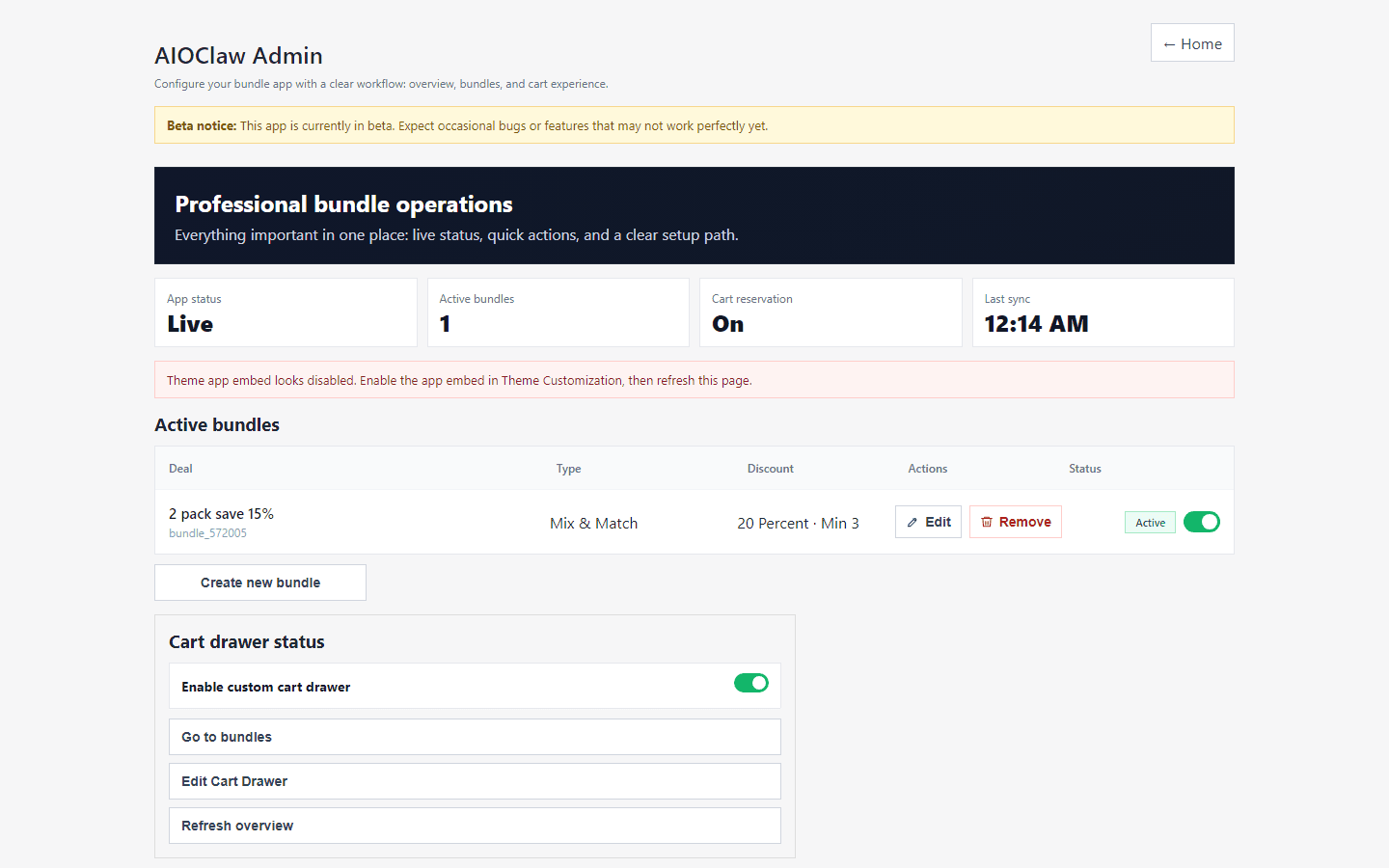 AIOClaw admin dashboard with an active bundle