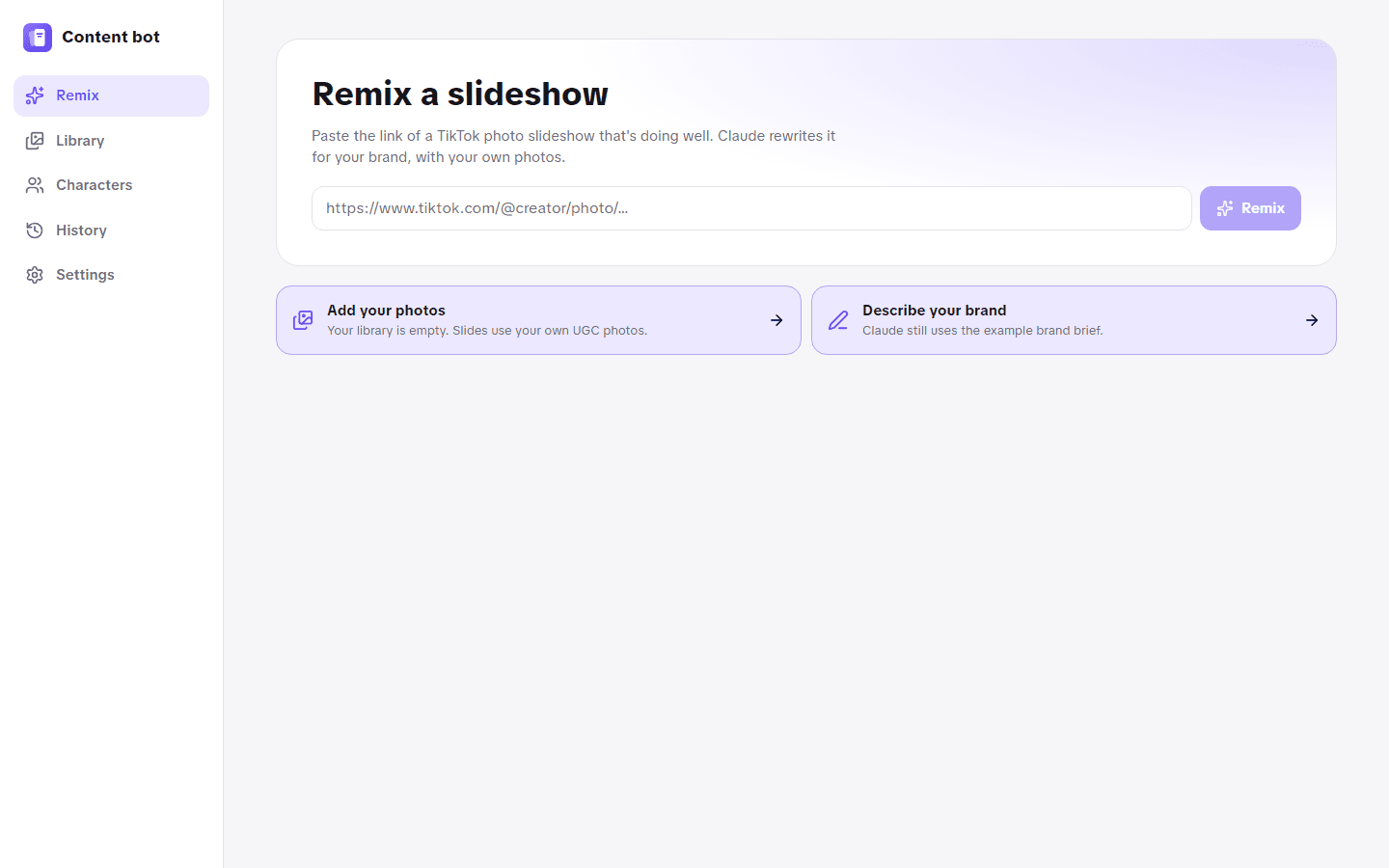 Content bot's Remix screen