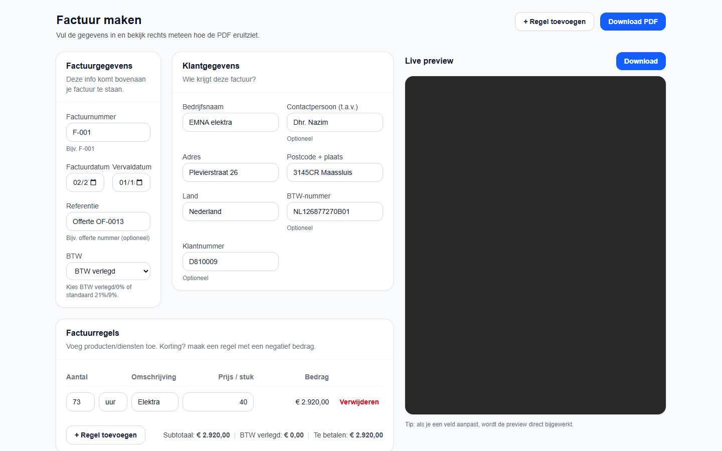 FactuurApp invoice editor with live preview